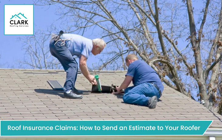 Roofer inspecting roof damage and preparing insurance estimate