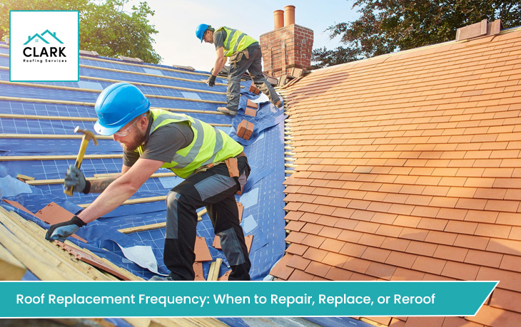 Roofers replacing an old roof with new materials during a reroofing project.